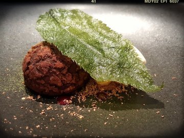 Warm chocolate in baked pie with "Sakura" & "Sakekasu" sorbet