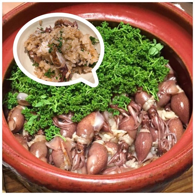 鮮甜爆汁小魷魚，混合野菜．軟糯米飯～好食到一口接一口。