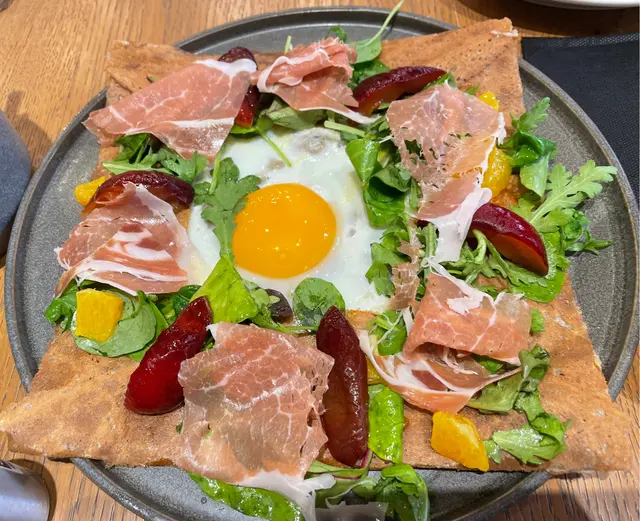 Seasonal )Plum, baby crown daisy orange & Spanish Jamon Serrano -homemade orange dressing-