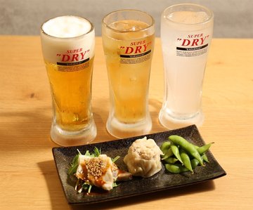 Your Choice of Draft Beer, Highball , or Lemon Sour Assortment of Shumai Dumplings, Seasoned Pork, and Soy Beans 任選其一：生啤酒、威士忌蘇打、檸檬沙瓦 ・3種拼盤：燒賣、口水豬、毛豆